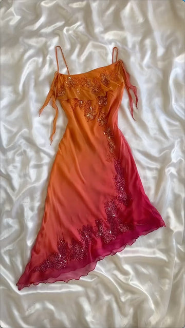 Unique Sheath Spaghetti Strap Beaded Pink Orange Ombre Chiffon Party Dress HZ1023